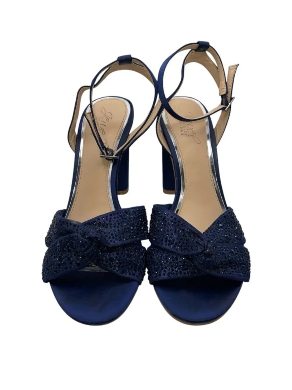 Jewel Badgley Mischka Nicoline Rhinestone Heeled Sandals 8 US Navy Satin